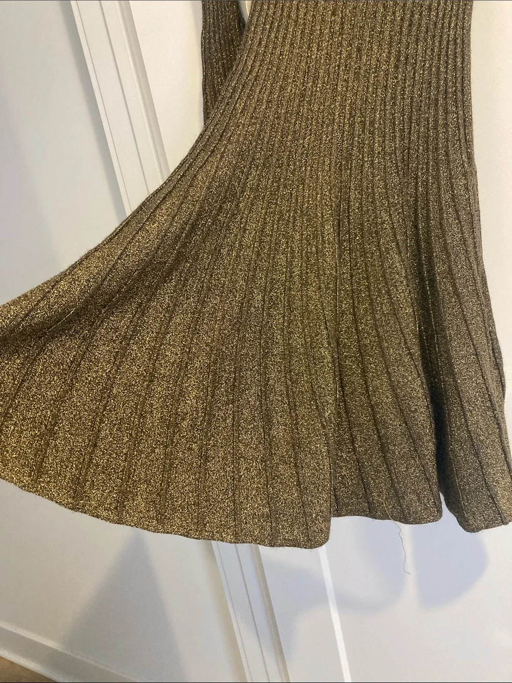 STAUD NWT Ribbed Metallic Long-Sleeve Knit Dress in Olive Gold - Picture 3 of 9
